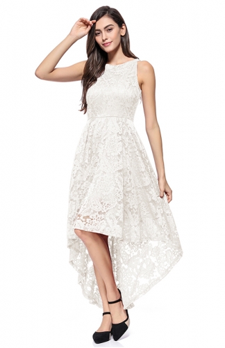 High-Low Lace Off-The-Shoulder Printed White Dress
