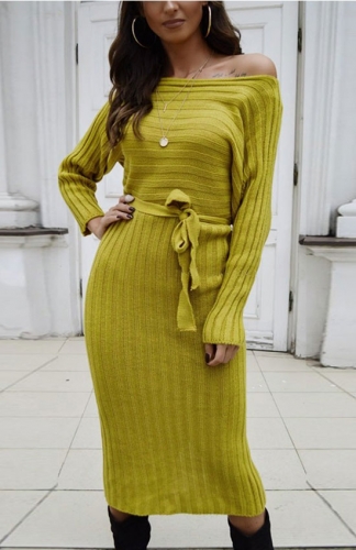 Yellow Ribbed Long Sleeve Midi Sweater Dress