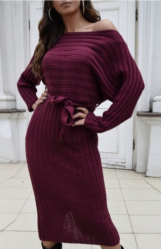 Ribbed Wine red Long Sleeve Midi Sweater Dress