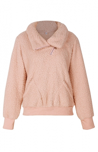 Pink Winter Lapel Sweatshirt with Pockets Outwear