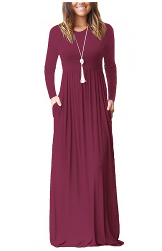 Long Sleeve Red Pockets Loose Maxi Dresses