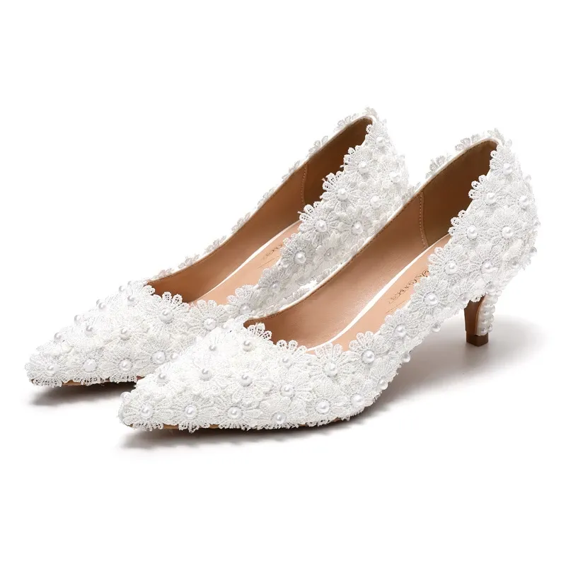 Shoe Producer Women's footwear lace building mini heel shoes wedding pumps