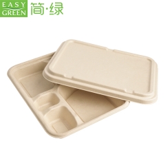 5-com Compostable Bagasse Paper Bamboo Disposable Lunch Plate Compartment Tray With Paper Pulp Lid