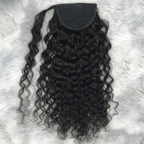 Wholesale 11A Unprocessed Natural Black  Brazilian Hair Virgin Indian Wrap Around Ponytails Deep Curly Human Hair Drawstring Ponytail For Woman