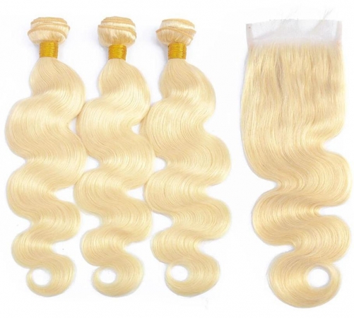 Body Wave 613# 3pcs Bundles With 1 Frontal Brazilian Human Hair Blonde lace Closure Frontal