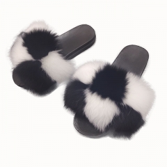 Flash Sale Checker Pattern Real Fur Slippers. fur slide sandals