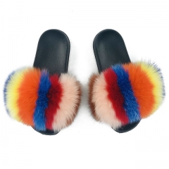 Flash Sale handmade rainbow fox fur slipper, real fur rainbow fur flip flop