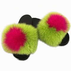 Flash Sale red and green mix colour genuine fur slide fox fur slipper