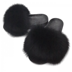 Flash Sale Black colour classic Fur sandals, fluffy fox fur slippers best sale