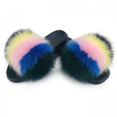 Flash Sale luxury rainbow fox fur slipper, real fur rainbow fur slides sandals