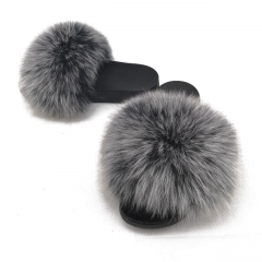 Flash Sale Dark Grey Color Fashion Lady Fox Fur Slide Slippers