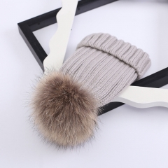Fashion Winter Custom Adults 100% Real Natural Raccoon Fur Pom Pom Ball Cashmere Blend Knit Beanie Hat for Women
