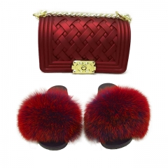 Jelly purse and fox fur slides