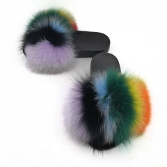 rainbow fox fur slides