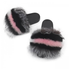 Grey Black and Pink Fox Fur Slides Slippers