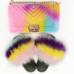 Fluffy fur slides with purse matched