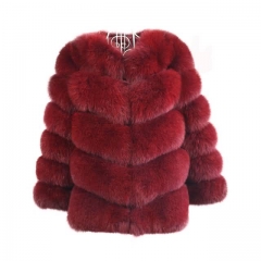 High Quality Short Style Fox Fur Coat-Burgundy