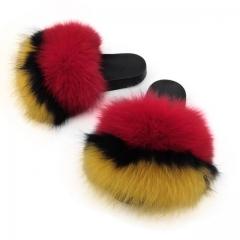 large fur street style fur slides- yellow and red