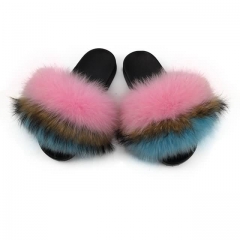 fuzzy fox fur slides- pink and blue