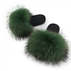 green raccoon fur slides solid color