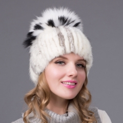 Women Winter Warm Knitted Mink Fur Hat With Fur Pom Poms