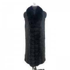 2019 Winter Long Black Women Cashmere Vest With Luxury Fox Fur Collar