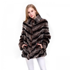 Brown Color Long Sleeve Rex Rabbit  Fur Jacket Chinchilla Genuine Fur Coats