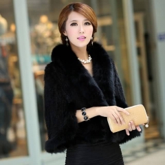 Luxury  Knitted Mink Fur Shawl With Fox Fur Collar Triming For Women