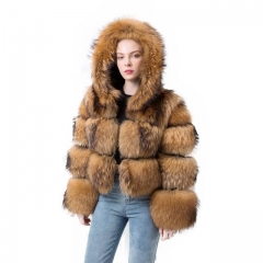 Hooded Natural Raccoon Fur Jacket Ladies Fashion Short Style Fur Coat With Hood