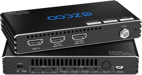 8K@60Hz 4K@120Hz HDMI 2.1 Splitter 1x2,48Gbps,Supports Soundbar,HDCP 2.2,HDCP 2.3 Bypass,Duplicate/Mirror,EDID,Copy,Downscale, HDR,Dolby Vision Atmos,