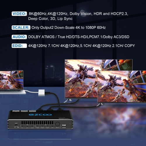 8K@60Hz 4K@120Hz HDMI 2.1 Splitter 1x2,48Gbps,Supports Soundbar,HDCP  2.2,HDCP 2.3 Bypass,Duplicate/Mirror,EDID,Copy,Downscale, HDR,Dolby Vision  Atmos,