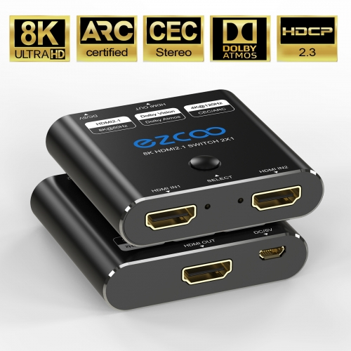 2x1 HDMI 2.1 8K Switch - Audio Video Switch and Splitter - Audio Video