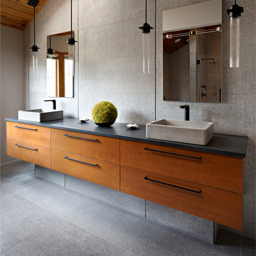 Contemporary timber grain doule bowls vanity