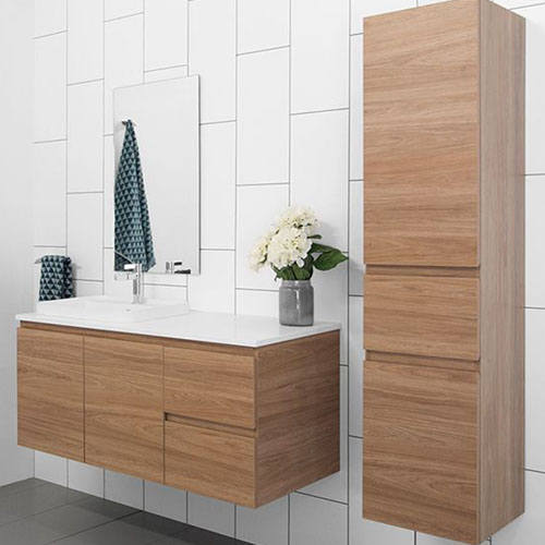 Wall mounted wood tone vanity