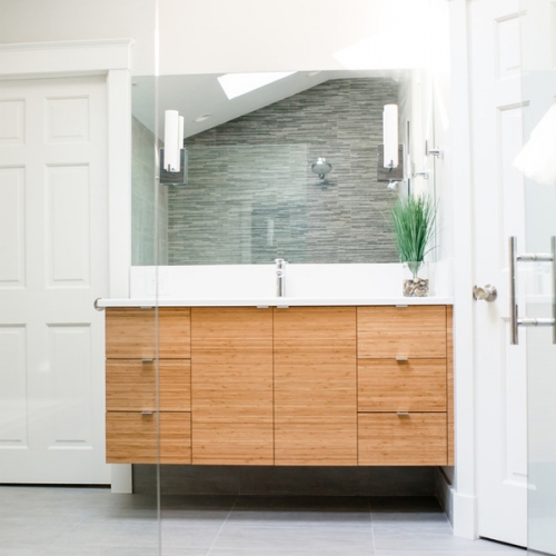 Slab door wood tone vanity