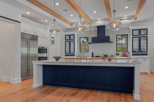 Navy blue and white painted transitional kitchen with shaker insert framed door-Allandcabient