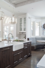 White painted transitional kitchen with dark wood island and farmhouse sink- Allandcabinet