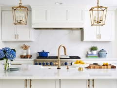 Transitional white painted shaker kitchen with gold accents- Allandcabinet
