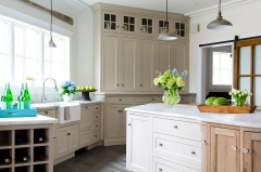Transitional framed flush inset door kitchen with biege painted and rustic wood tone cabinets-Allandcabinet