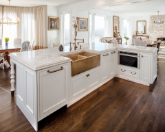 Tansitional white kitchen with gold brass accent and framed insert door-Allandcabinet