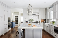 Light grey painted kitchen cabinet with navy blue island transional kitchen-Allandcabinet