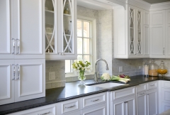 Provincial kitchen cabinet with mullion glass door and light grey painted island-Allandcabinet