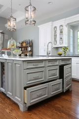 Provincial kitchen cabinet with mullion glass door and light grey painted island-Allandcabinet