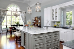 Provincial kitchen cabinet with mullion glass door and light grey painted island-Allandcabinet