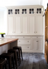 Transitional framed flush inset door kitchen with biege painted and rustic wood tone cabinets-Allandcabinet