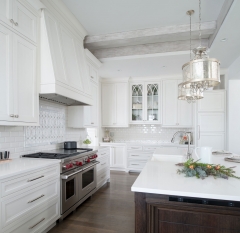 White painted transitional kitchen with dark wood island and farmhouse sink- Allandcabinet