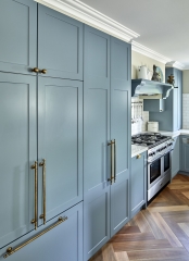 Light blue shaker kitchen with gold handles and pulls-Allandcabinet