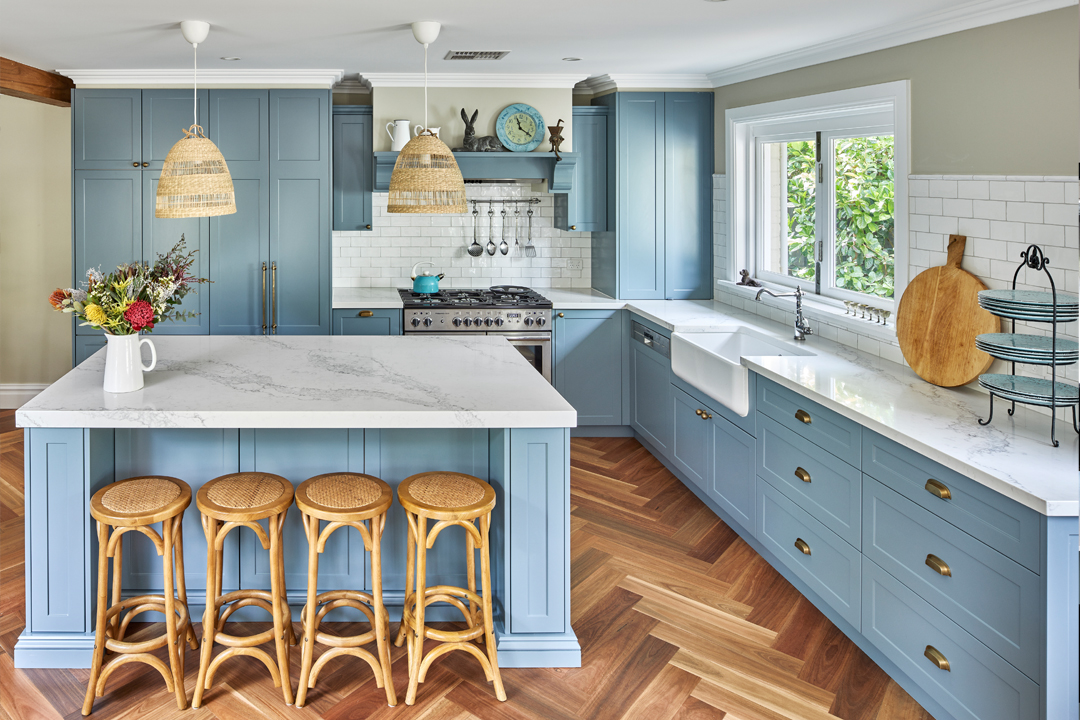 kitchen with light blue grey cabinet