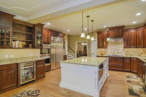 Stained cherry tradtional kitchen cabinet with white island-Allandcabinet