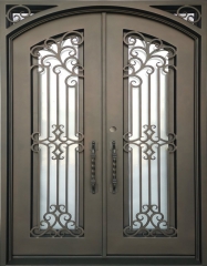 64'' x82'' pre-hung forged Iron arch top double entry doors with charming decorative grille-Allandhousing